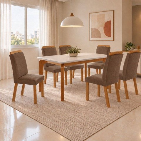 Conjunto de Mesa de Jantar Dublin 180 Tp MDF Off White sem Vidro Canto Copo 6 Cadeiras Mariana