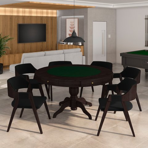 Conjunto Mesa de Jogos Carteado Bellagio Tampo Reversível e 6 Cadeiras Madeira Poker Base Estrela Ve