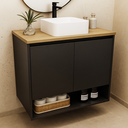 Ver imagem 3 de Gabinete de Banheiro Suspenso 70cm 2 Portas e Nicho Preto e Freijó