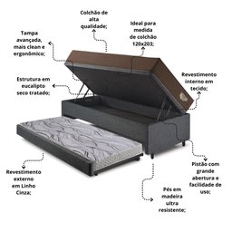 Bicama Box Baú com Linho Cinza 120x203 com Colchão Relax Adorabile Molas Ensacadas Ecoflex - 5