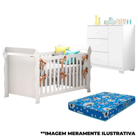 Berço Americano Lara e Cômoda Infantil Duda Branco Brilho com Colchão – Phoenix Baby