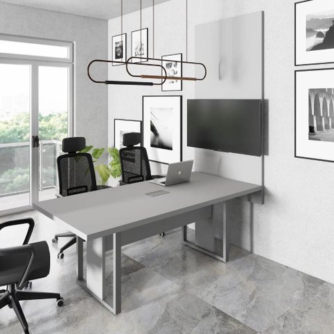 Mesa de Reunião Design Industrial 2,00 m com Caixa de Tomadas e Painel para TV F5 Office Cor:Cinza