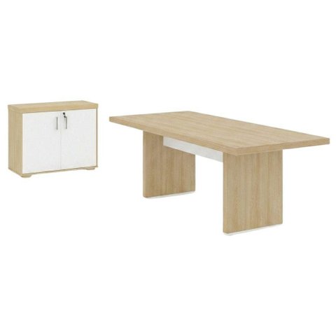 Mesa de Reuniao Escritorio 205x91 cm e Balcao 2 Portas 90 cm Carvalho Branco Artany