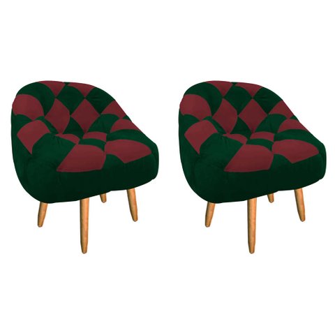 Kit 02 Poltrona Paloma Escritório Sala Pé Palito Suede Verde e Suede Vinho - Dominic Decor