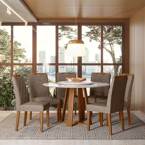 Conjunto Sala de Jantar Mesa Vitoria 1,35x1,35m com 6 Cadeiras Sarah Ype/off White/lux
