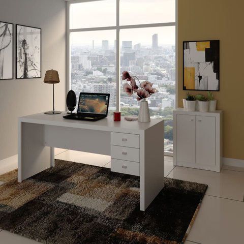 Conjunto Mesa de Escritório 3 Gavetas com Armário de 2 Portas Branco