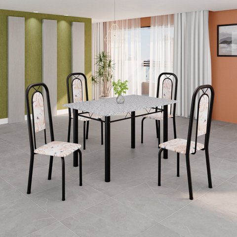 Conjunto de Mesa Tubular 120cm x 75cm Tampo Granito Ocre com 4 Cadeiras Lara Preto/Botanic Bege