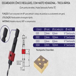 Escareador Conico 45° 8 Mm Para Broca 3 Mm Regulável Com Haste Sextavada E Chave Allen - 2