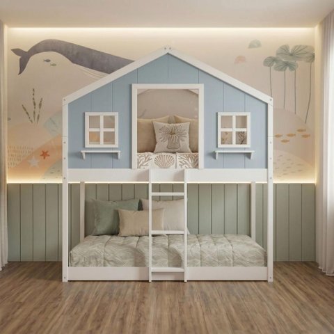 Beliche Montessoriano Casinha Dos Sonhos Madeira Maciça Branco/ Azul Housin