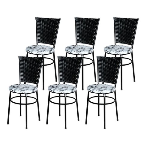 6 Cadeiras para Mesa Preta Hawai Preto Assento Floral Cor:floral Branco