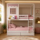 Ver imagem 1 de Beliche Infantil Casinha Reta com 02 Gavetas Madeira Maciça Branco/ Rosa Megamobilia