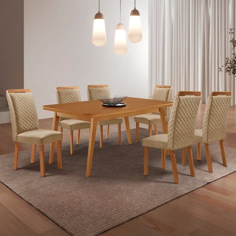 Mesa de Jantar Copper 180cm Tampo MDF Canto Copo Laminado e 6 Cadeiras Lorena