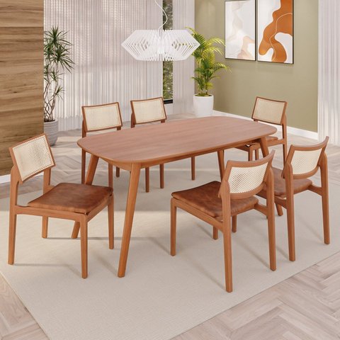 Sala de Jantar Mesa 160x76cm Tampo Laminado com 6 Cadeiras em Couríssimo Ceci Yescasa Marrom