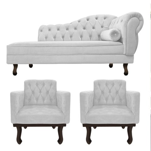 Kit Diva Recamier Diana 160cm Lado Esquerdo e 02 Poltronas Classic Suede Branco - ADJ Decor
