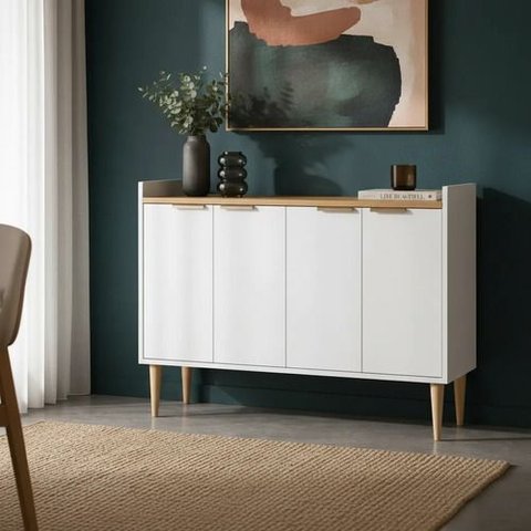 Aparador Buffet 4 Portas MDF Branco Tampo Amadeirado Moderno