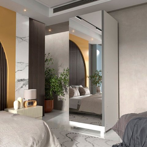 Sapateira Gold 1 Porta 6 Prateleiras com Espelho 100% MDF Off White - Gelius