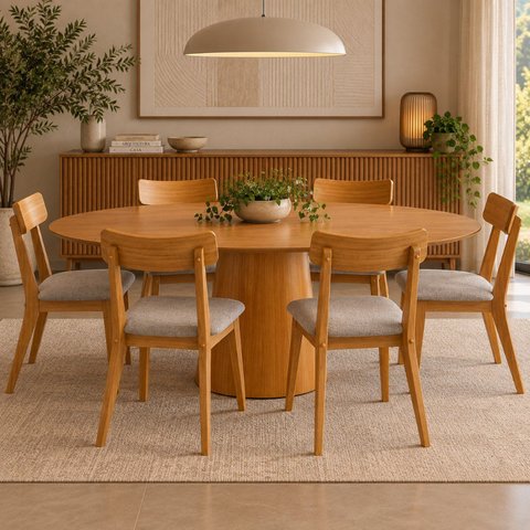 Conjunto Sala de Jantar Mesa Oval Genebra 140cm e 6 Cadeiras Rafa Nozes / Cinza