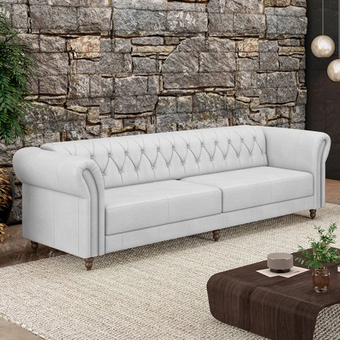 Sofá Living Sala de Estar Stanford Chesterfield 3 Lugares 260cm Pés de Madeira Couro Branco G58 - Gr