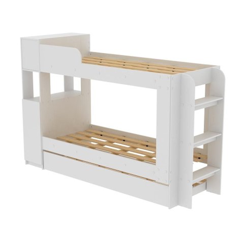Treliche com Cama Auxiliar Adulto Baú Superior Escadas Armário 1 Porta Prateleiras Internas Branco