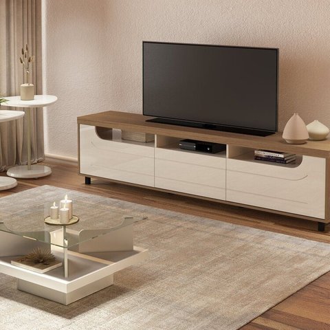 Conjunto 4 Peças Sala Estar Apoio Bel Alta Mesa de Centro Clear e Rack Mercury Bege Cinamomo/Off White