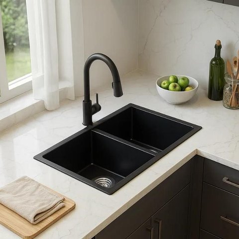 Cuba de Quartzo Dupla 780x450x200mm Preta com Sifao e Valvula (R)
