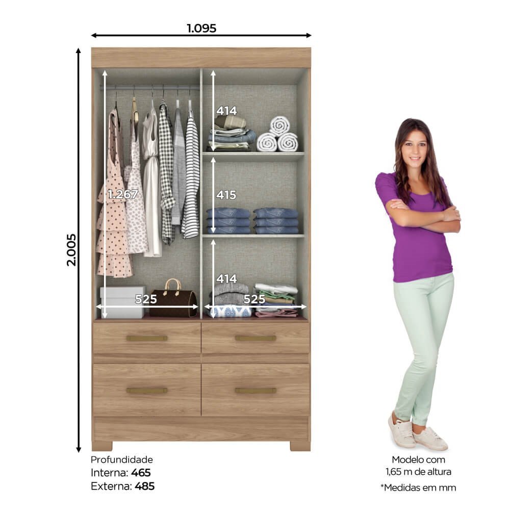 Guarda-Roupa 2 Portas Correr Henn Briz BE25-201 4 Gavetas Jequitibá/Off White SE - 6