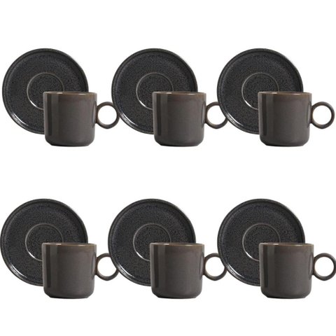 Jogo 6 Xícaras de Chá Café com Pires 150ml Cerâmica Porto Brasil Azul Escuro Basic Dove Mesa