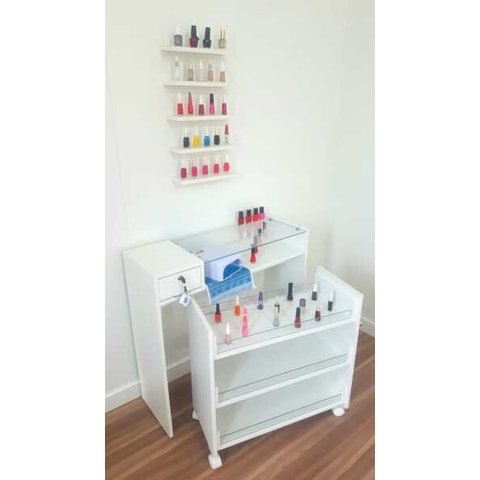 Kit Mesa Manicure Gaveta 84x80 + Carrinho Esmalteiro na Cor Branca
