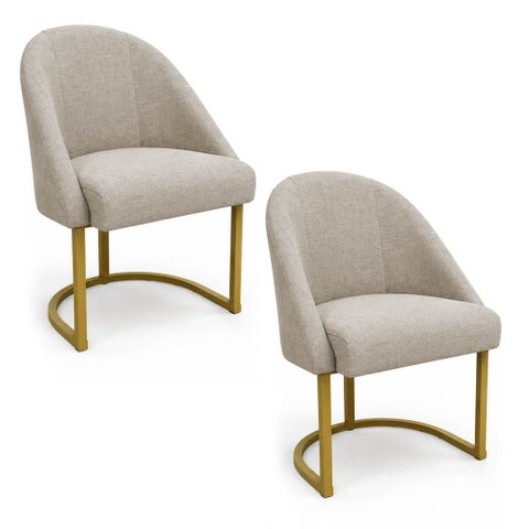 Kit 02 Cadeiras Poltrona de Jantar Lua Linho Bege Base Ferro Dourado Dal Poz Estofados
