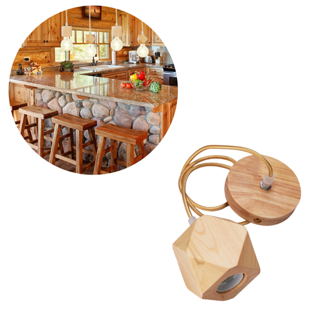 Lustre Pendente de 1m Rústico em Madeira Maciça com Tampa Canopla com Fio e Bocal Soquete Bivolt Par