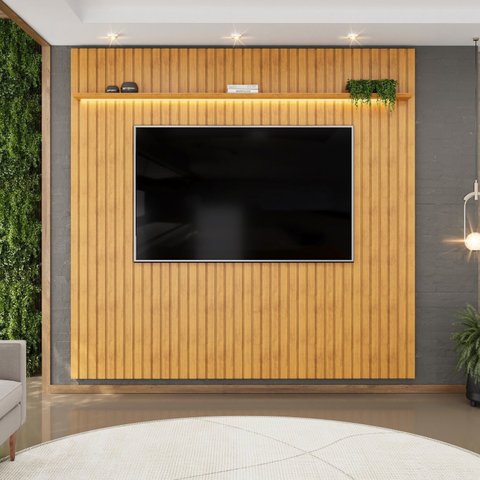 Painel Ripado para TV até 75 Polegadas com MDF 250cmx240cm Led Trento Marrom Cedro