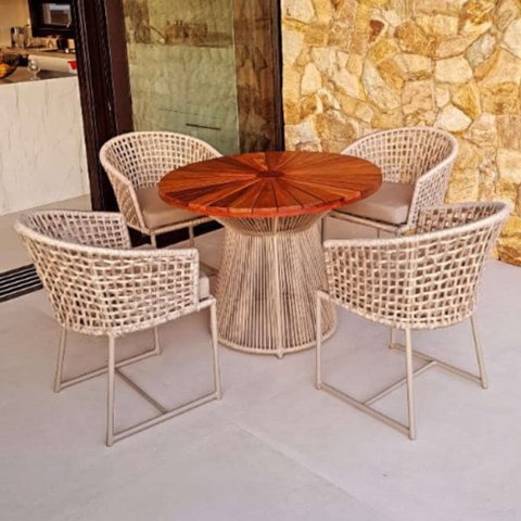 Conjunto Jasmin em Corda Náutica - 4 Cadeiras + mesa - Tecido Duna Deserto
