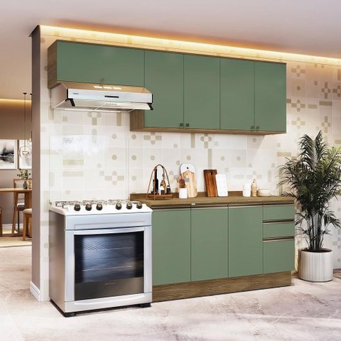 Armário de Cozinha Completa 100% Mdf 240cm Nogueira/verde Celeste Kappesberg