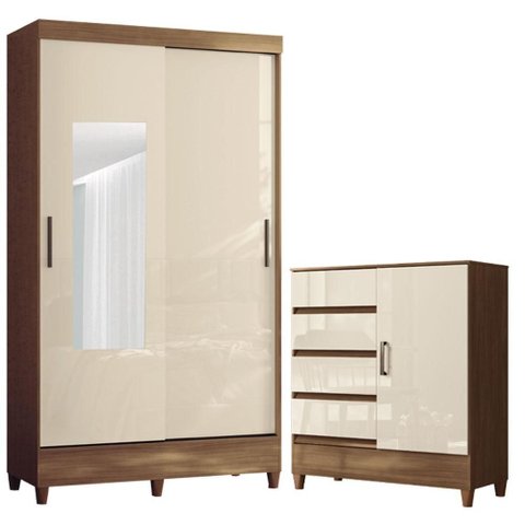 Guarda Roupa Solteiro 2 Portas de Correr com Espelho e Pés e Cômoda Fit Jequitibá Off White