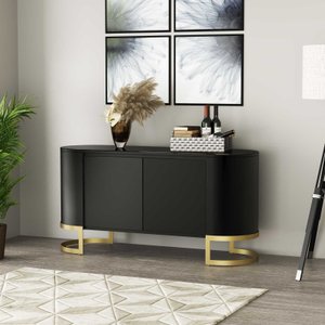 Balcao Buffet 2 Portas Pé Aço Carbono Dourado Light Vidro Pintado Preto Arkadina 1600