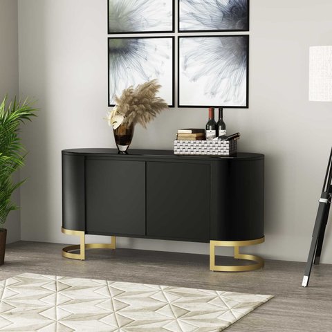 Balcao Buffet 2 Portas Pé Aço Carbono Dourado Light Vidro Pintado Preto Arkadina 1600