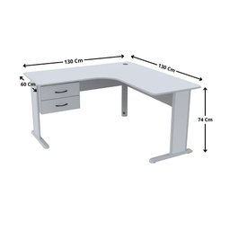 Mesa L Estação Escritório 130x130 com Gavetas e Chave Cinza - 3