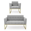 Ver imagem 1 de Kit 1 Sofá Namoradeira e 1 Poltrona Elisa Suede Cinza Base Metálica Industrial Dourada - D'Rossi