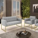 Ver imagem 2 de Kit 1 Sofá Namoradeira e 1 Poltrona Elisa Suede Cinza Base Metálica Industrial Dourada - D'Rossi