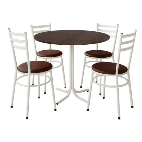 Mesa de Jantar Redonda 80cm Imbuia com 4 Cadeiras Estofada Branca
