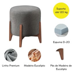 Puff Estofado Decorativo para Sala Redondo Paris Linho Cor:cinza - 4