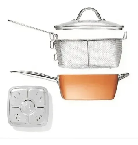 Kit Panela Caçarola Frigideira Titânio Cerâmica Grande com Cesto Cor Cobre - 2