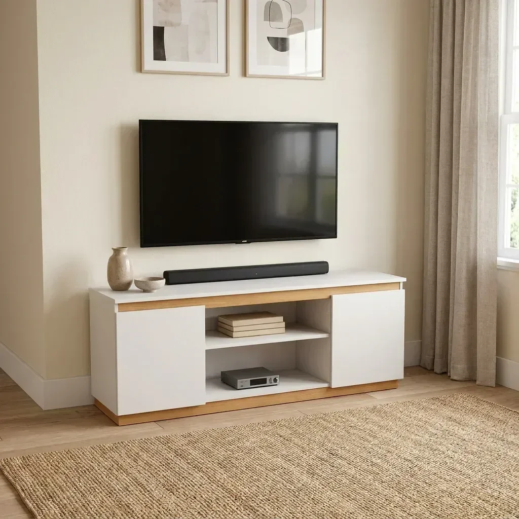 Ver imagem 1 de Rack para TV até 45 Polegadas MDF 107cm Cava Sala Branco E Amadeirado