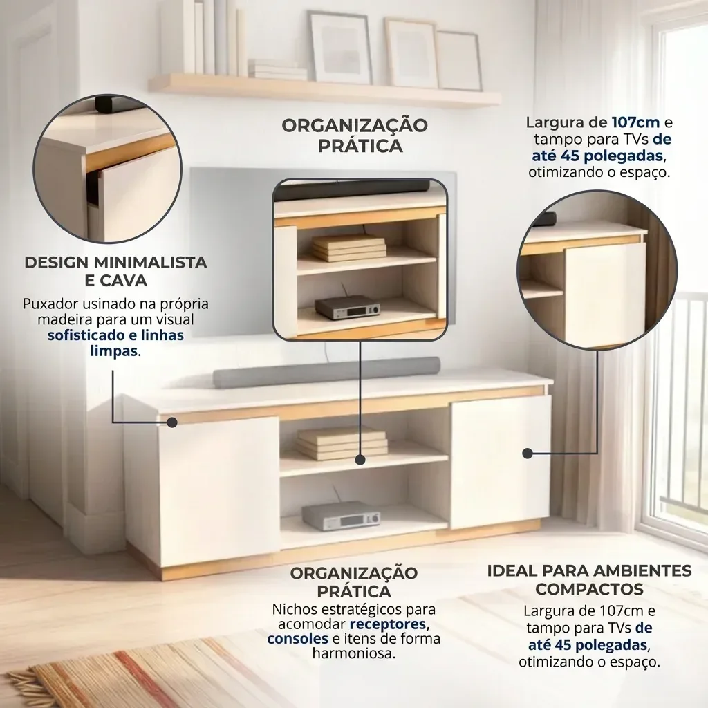 Ver imagem 4 de Rack para TV até 45 Polegadas MDF 107cm Cava Sala Branco E Amadeirado