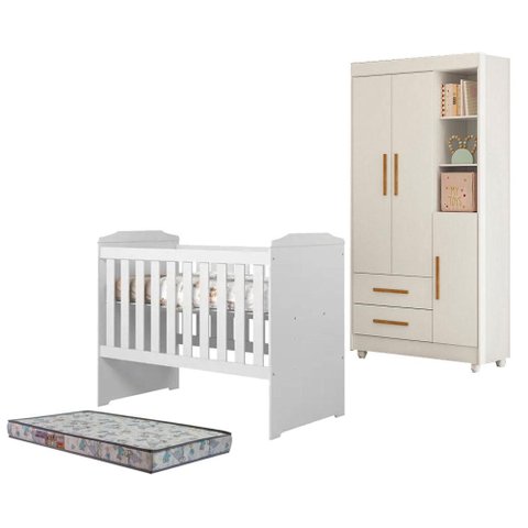 Berço Americano Carinho com Guarda Roupa Flocos Branco Acetinado Colchão Americano Sleep - Tigus