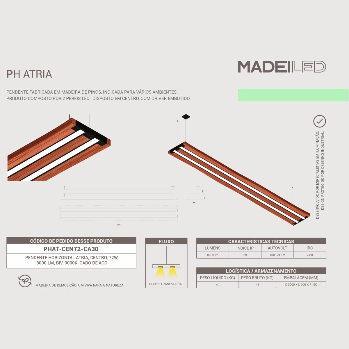 Pendente Horizontal Led Atria 72w 8000lm Bivolt - Prancha de Madeira Maciça - 6