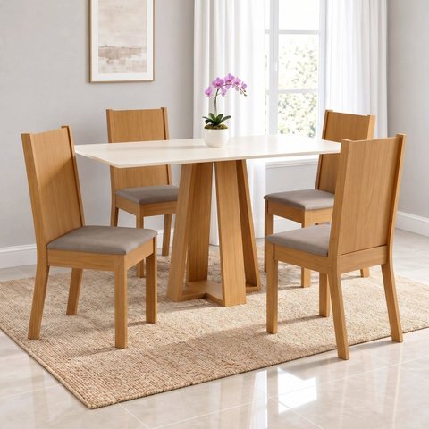 Conjunto Sala de Jantar Mesa Lisa 120cm Tampo MDF Canto Reto 4 Cadeiras Tami