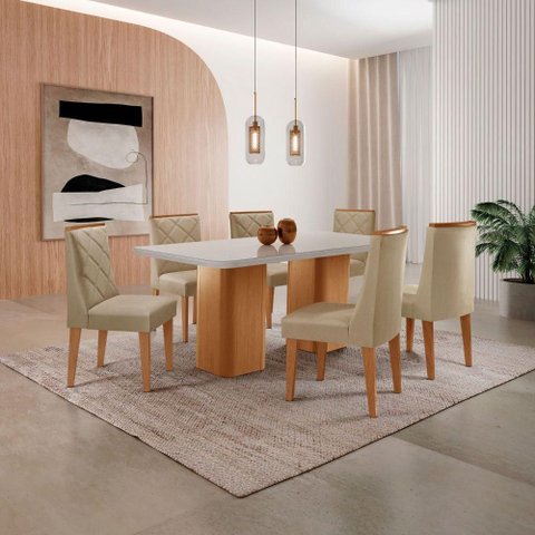 Mesa de Jantar Eloise 180cm Tampo Mdf com Vidro 6 Cadeiras Turim Off White Naturale