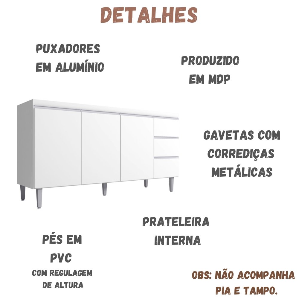 Balcão para Pia Andréia 150 Cm 3 Portas Branco Ajl - 2