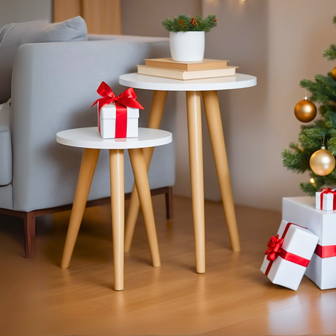 Kit 2 Mesas de Canto Apoio Lateral Redonda Madeira Preta Cama Casal Sala Sofá Porta Objetos Multiuso